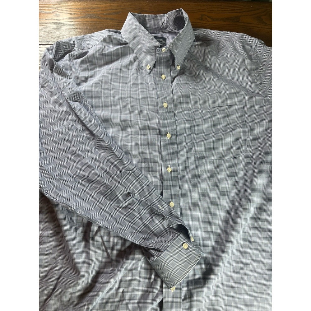 Brooks Brothers Shirt Mens Size 18 36/37 Blue Plaid Non Iron Stretch Supima